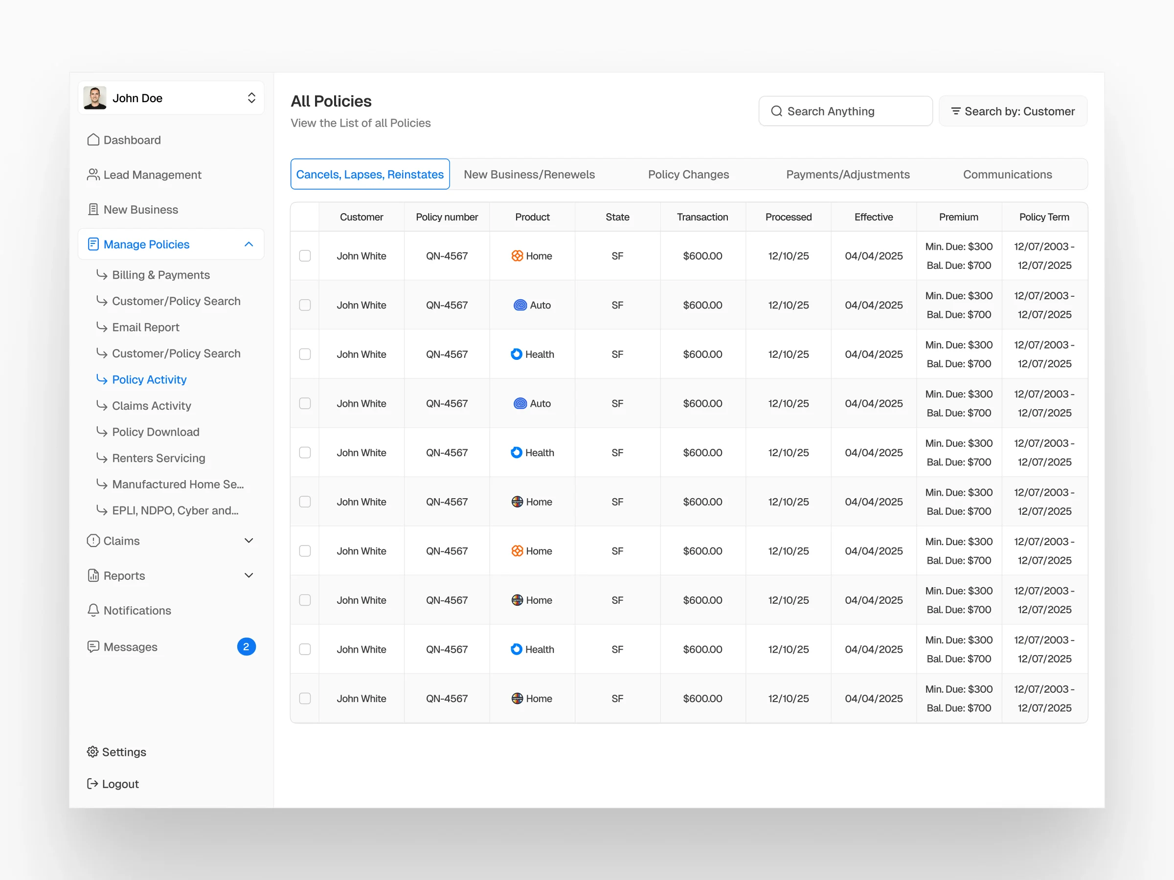 Assurean all policies view