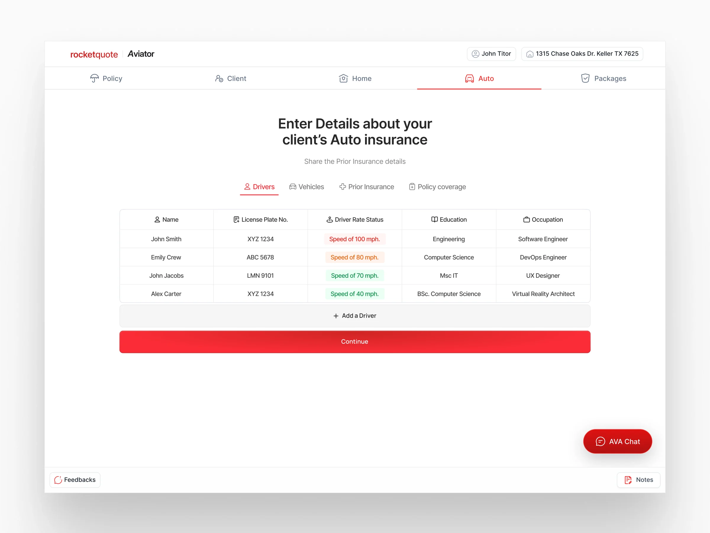 RocketQuote driver details step