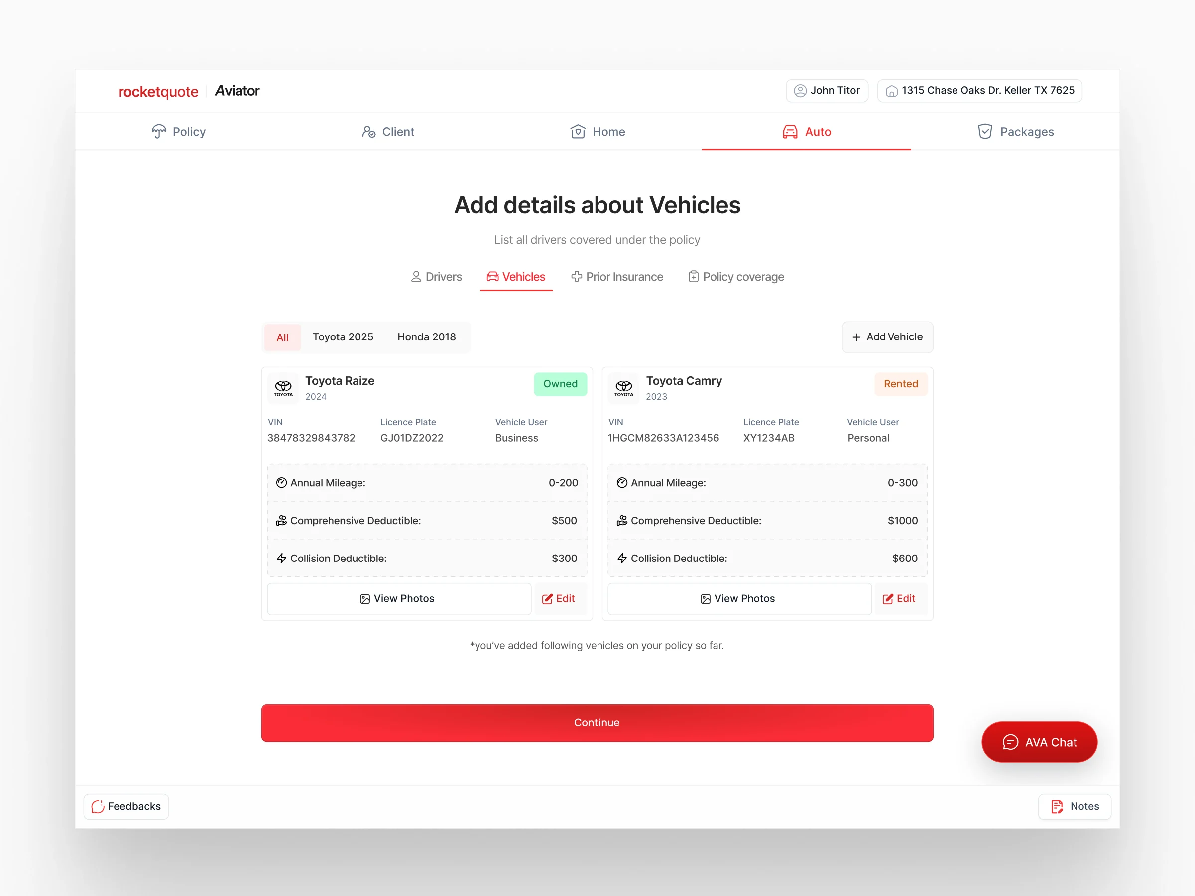 RocketQuote vehicle details step